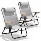 2 Pack Premium 5-Position Reclining Camping Chair - Portable Folding Lightweight Outdoor Chair with Wooden Armrests, Headrest & Pockets, 350lbs Heavy Duty for Beach, Patio, Backyard, Black