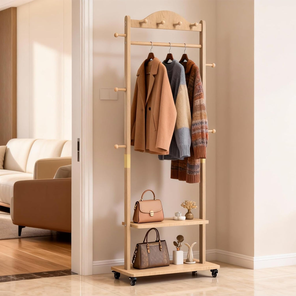 Solid Wood Coat Rack, Freestanding Clothes Rack with Wheels—Heavy Duty Clothes Rack with 2 Shelves, 4 Top Hooks & 5 Side Hooks Ideal for Wallets, Hats, Shoes, Clothes(Natural)