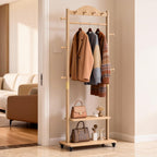 Solid Wood Coat Rack, Freestanding Clothes Rack with Wheels—Heavy Duty Clothes Rack with 2 Shelves, 4 Top Hooks & 5 Side Hooks Ideal for Wallets, Hats, Shoes, Clothes(Natural)