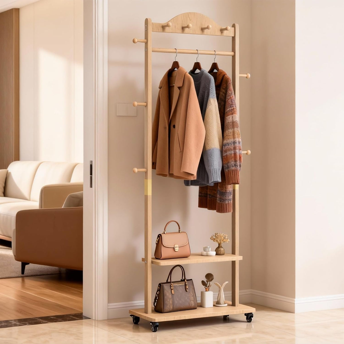 Solid Wood Coat Rack, Freestanding Clothes Rack with Wheels—Heavy Duty Clothes Rack with 2 Shelves, 4 Top Hooks & 5 Side Hooks Ideal for Wallets, Hats, Shoes, Clothes(Natural)