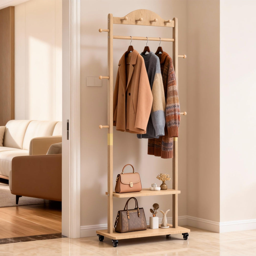 Solid Wood Coat Rack, Freestanding Clothes Rack with Wheels—Heavy Duty Clothes Rack with 2 Shelves, 4 Top Hooks & 5 Side Hooks Ideal for Wallets, Hats, Shoes, Clothes(Natural)
