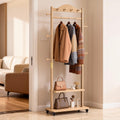 Solid Wood Coat Rack, Freestanding Clothes Rack with Wheels—Heavy Duty Clothes Rack with 2 Shelves, 4 Top Hooks & 5 Side Hooks Ideal for Wallets, Hats, Shoes, Clothes(Natural)