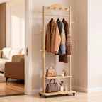 Solid Wood Coat Rack, Freestanding Clothes Rack with Wheels—Heavy Duty Clothes Rack with 2 Shelves, 4 Top Hooks & 5 Side Hooks Ideal for Wallets, Hats, Shoes, Clothes(Natural)