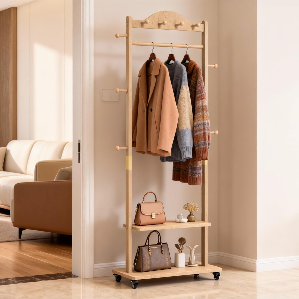 Solid Wood Coat Rack, Freestanding Clothes Rack with Wheels—Heavy Duty Clothes Rack with 2 Shelves, 4 Top Hooks & 5 Side Hooks Ideal for Wallets, Hats, Shoes, Clothes(Natural)