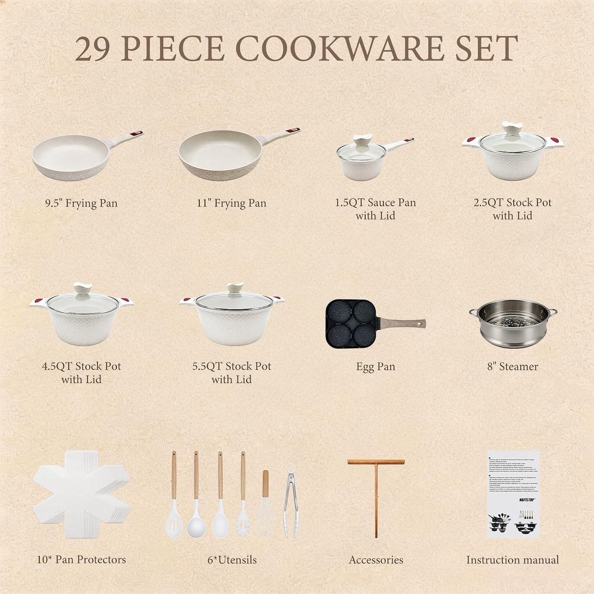 29Pcs Pots Pans Set Ceramic Nonstick Cookware Sets,White Fish Scale Pattern,Saucepot,With Frying Egg Pans and a Heat-Resistant Glass Lid,Silicone Kitchenware Included|For Induction Cooktops