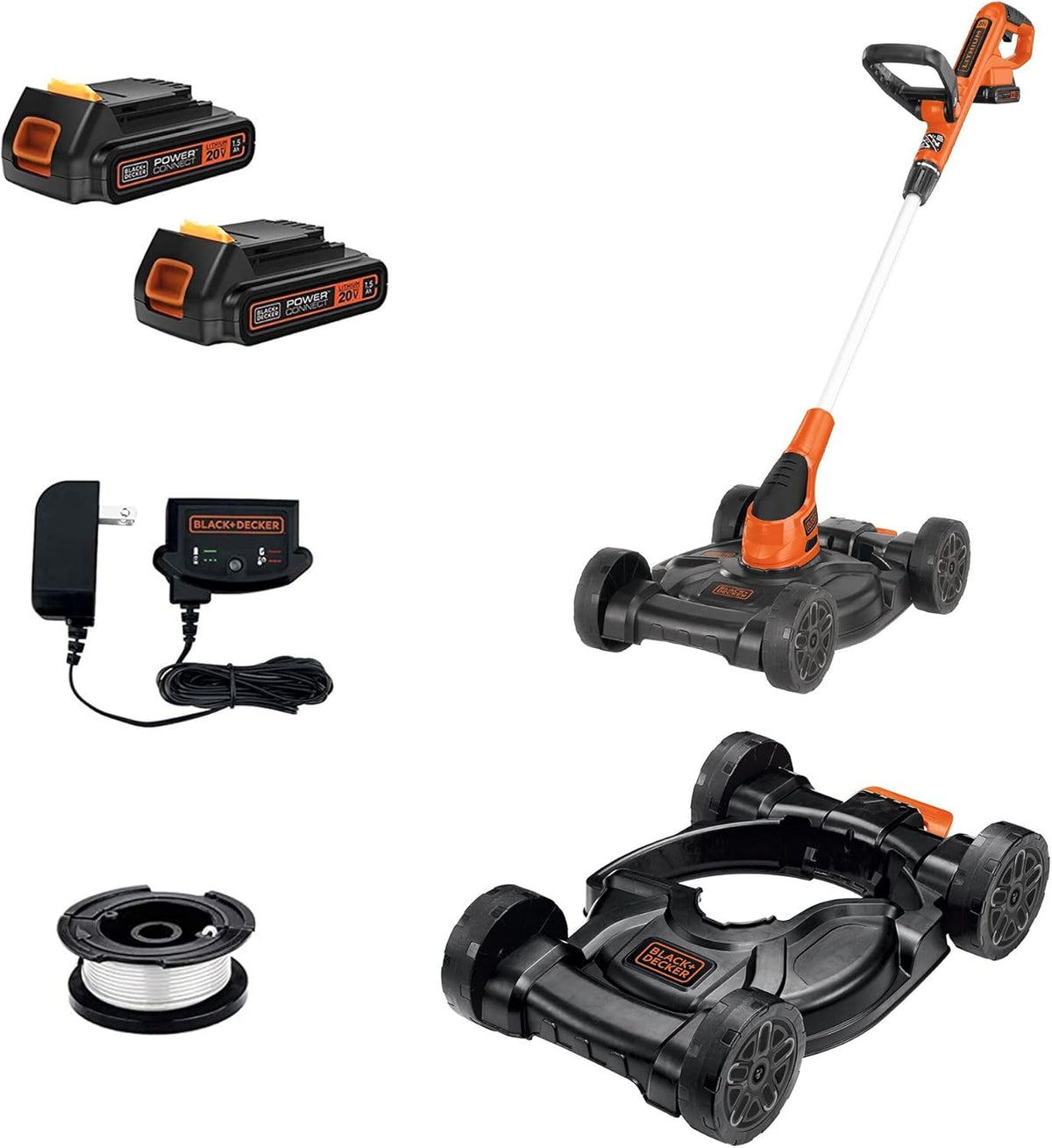 BLACK+DECKER Weed Eater, Lawn Edger and Cordless Lawn Mower 3 in 1 Combo, Includes (2) Batteries, Charger, 12 Inch Battery Powered String Trimmer and Lawnmower, Adjustable Length and Height (MTC220)