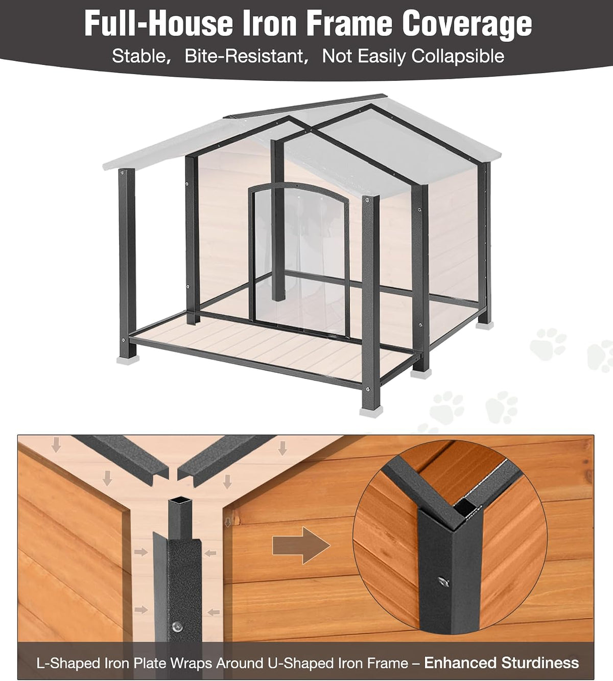Heated Dog House, Outdoor Dog House Insulated for Winter with Heating Pad, Weatherproof Wooden Dog Kennel with Porch, Iron Frame, Asphalt Roof & Removable Floor