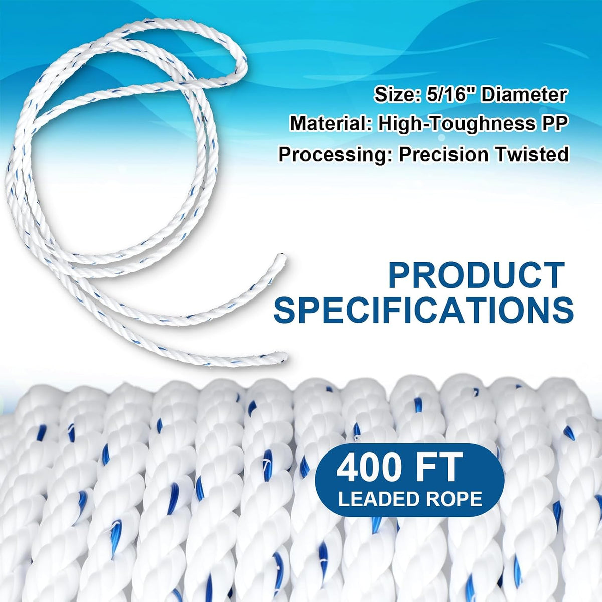Sinking Line Leaded Core Rope for Crab Trap and Shrimp Pot Crab Trap Rope Strands Twist PP Line for Harness Fishing Industry, 3 Sizes: 1/4" Dia-200', 1/4" Dia-400', 5/16" Dia-400'