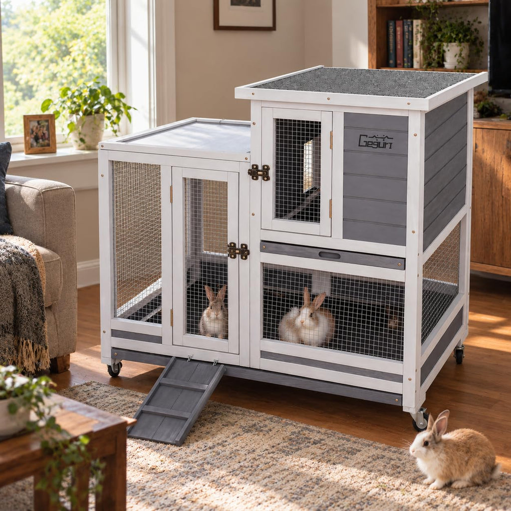 GEGURI Wooden Rabbit Hutch, Indoor Outdoor Chicken Coop Bunny Cage with Waterproof Roof