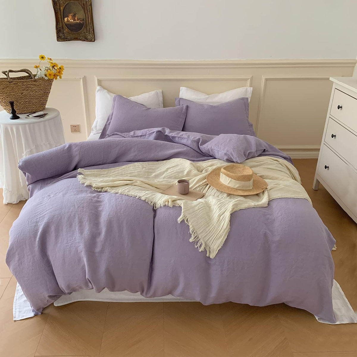 Simple&Opulence 100% Linen Duvet Cover Set, 3 PCS Natural French Flax Linen Duvet Cover King Size, Breathable Soft Comfy Linen Bedding Comforter Cover with 2 Pillowcases(Linen, 104"x92")