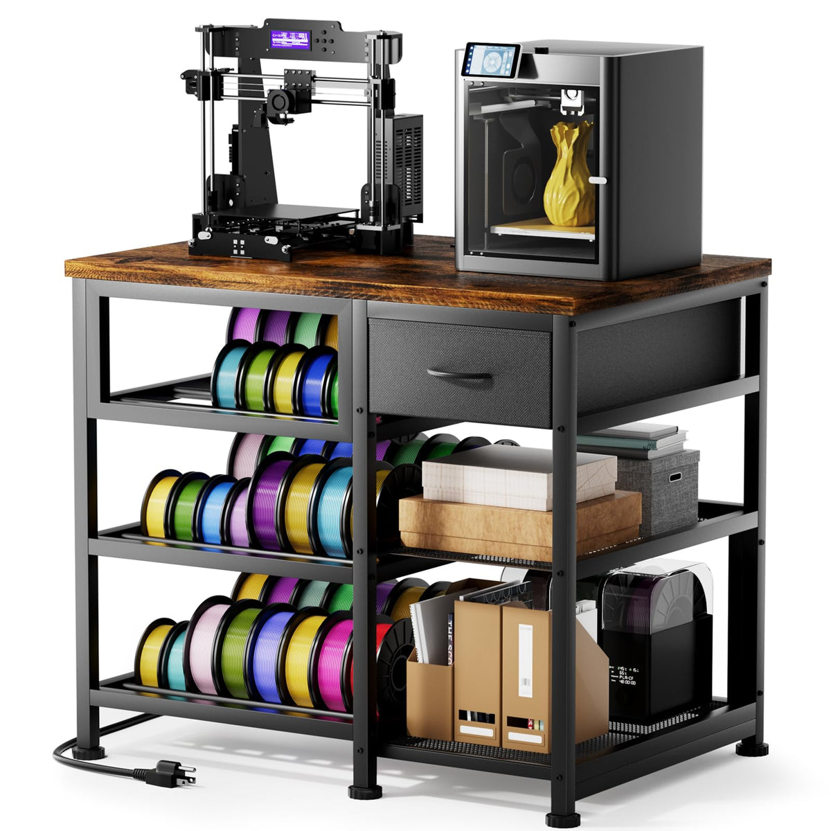 3D Printer Stand with Filament Storage Rack, Heavy Duty 3D Printer Table with Power Outlet, 4-Tier Filament Holder with Drawer, 3D Printer Filament Stand Organized for Office Workshop Studio