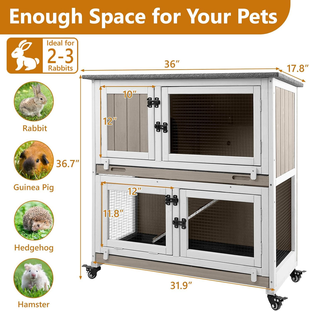 2 Story Rabbit Hutch Indoor & Outdoor, Wooden Rabbit Cage with 2 Leak-Proof Pull-Out Trays, 4 Wheels, Ramp, Chew-Anti Metal Strip for Rabbit, Guinea Pig, Hamster (36" L x 17.8" W x 36.7" H)