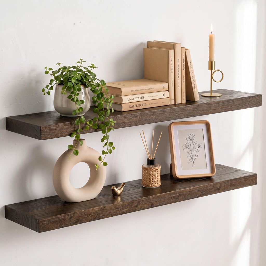 Live Edge Elm Floating Shelves - 24 In Rustic Solid Wood Shelves with Heavy-Duty Invisible Bracket, Wall-Mounted Wooden Shelf for Living Room, Bathroom, Kitchen Storage & Display, Set of 2, Natural