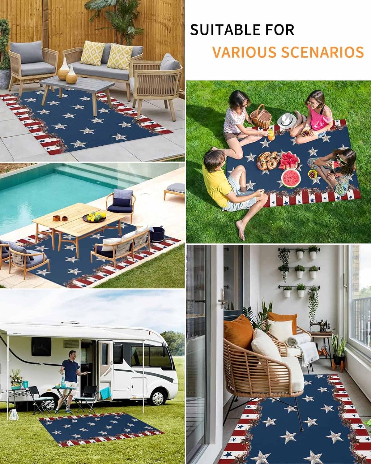 Independence Day Country Star Outdoor Rug 5x8ft, Waterproof Indoor Outdoor Rug for Patio, 4th of July Camping Carpet Mat Outside Area Rug for RV Picnic Beach Balcony Deck Backyard