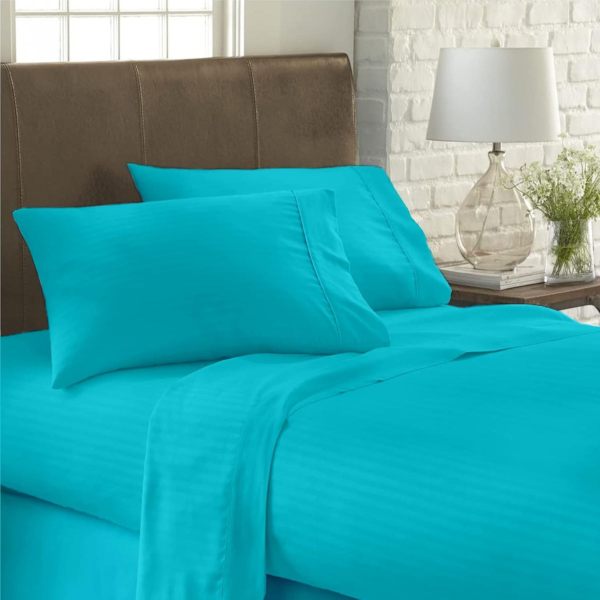 USA Full Sheet Set in Turquoise Blue Stripe 400 Thread-Count 100% Egyptian Long Staple Cotton, Sateen Weave for Soft and Silky Feel, Breathable 4-Piece Bedsheet, Elasticized 24'' Extra Deep Pocket
