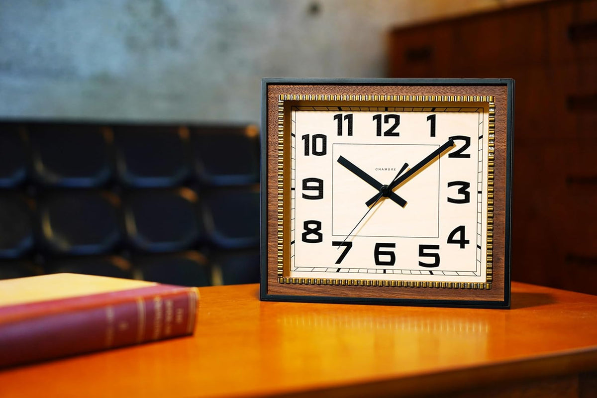 Brass Clock Japanese Handcrafted Solid Wood Clock Silent Non-Ticking Battery Operated Modern Decorative for Living Room Bedroom Office Brass Rectangle Clock CH-053 (Walnut)