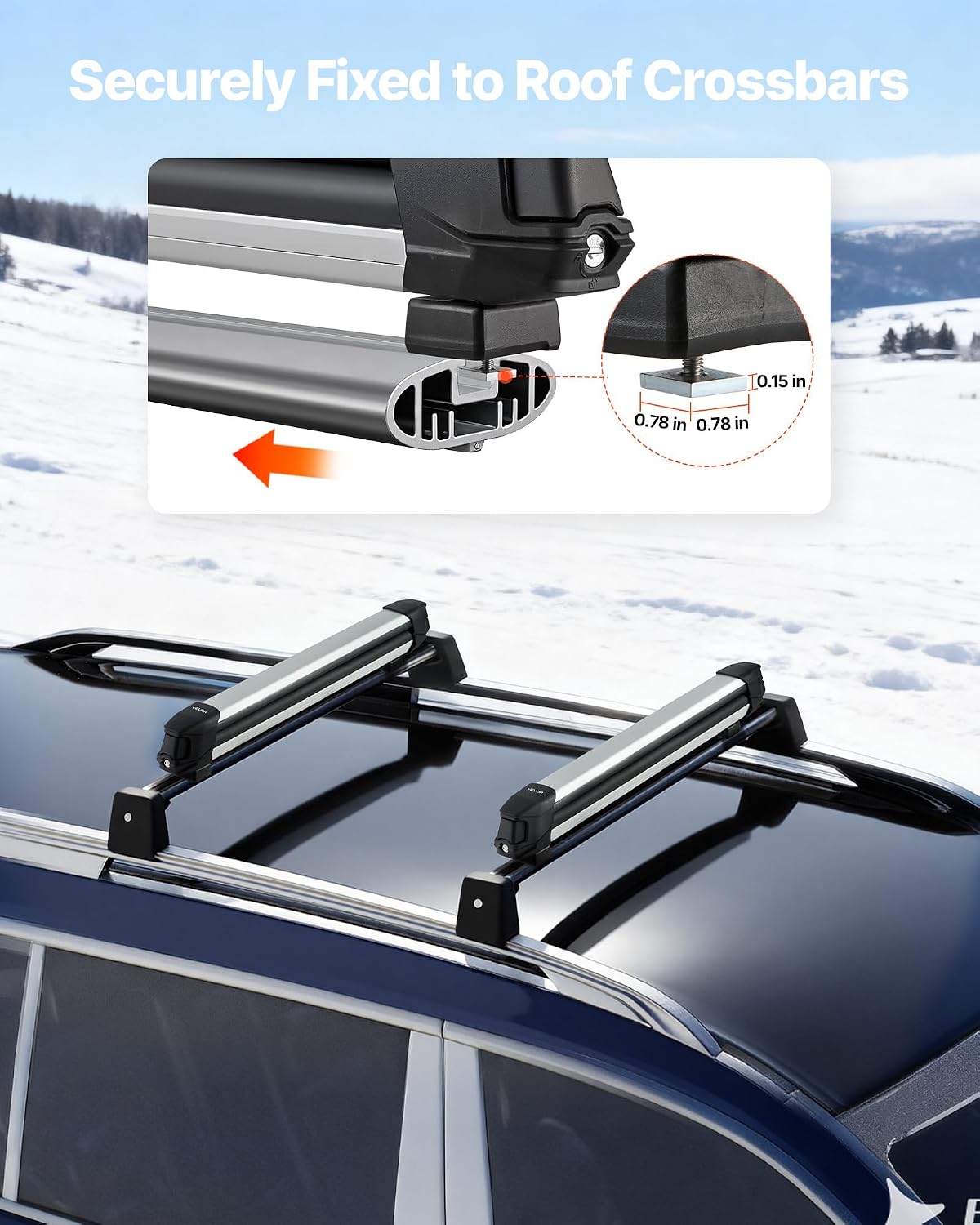 VEVOR Ski & Snowboard Roof Rack, Carry up to 4 Pairs of Skis or 2 Snowboards, 2 PCS Aluminum Universal Car Roof Rack Top Holder with Lock & Rubber Padding, Carrier for Fishing Rod, Fit Most Crossbars