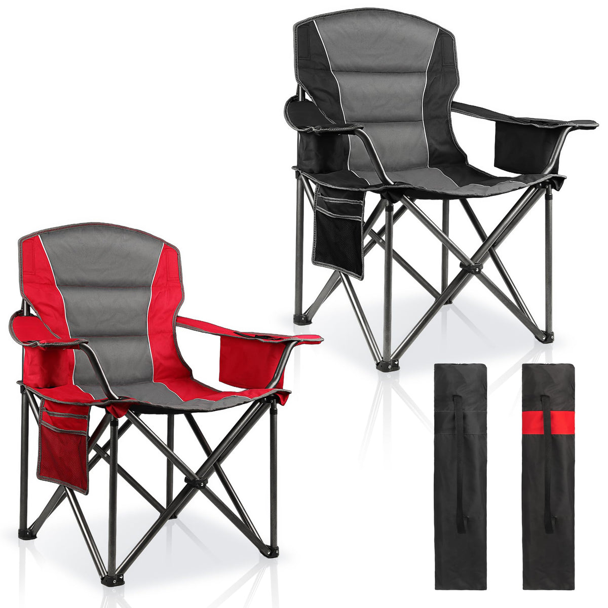 2 Pack Padded Oversized Camping Chairs for Adults,Heavy Duty Support 400 Lbs,Folding Portable Lawn Chair w/Cup Holder,Cooler Bag,Side Pocket,Perfect for Outdoor Picnic,Hiking(Orange&Blue)