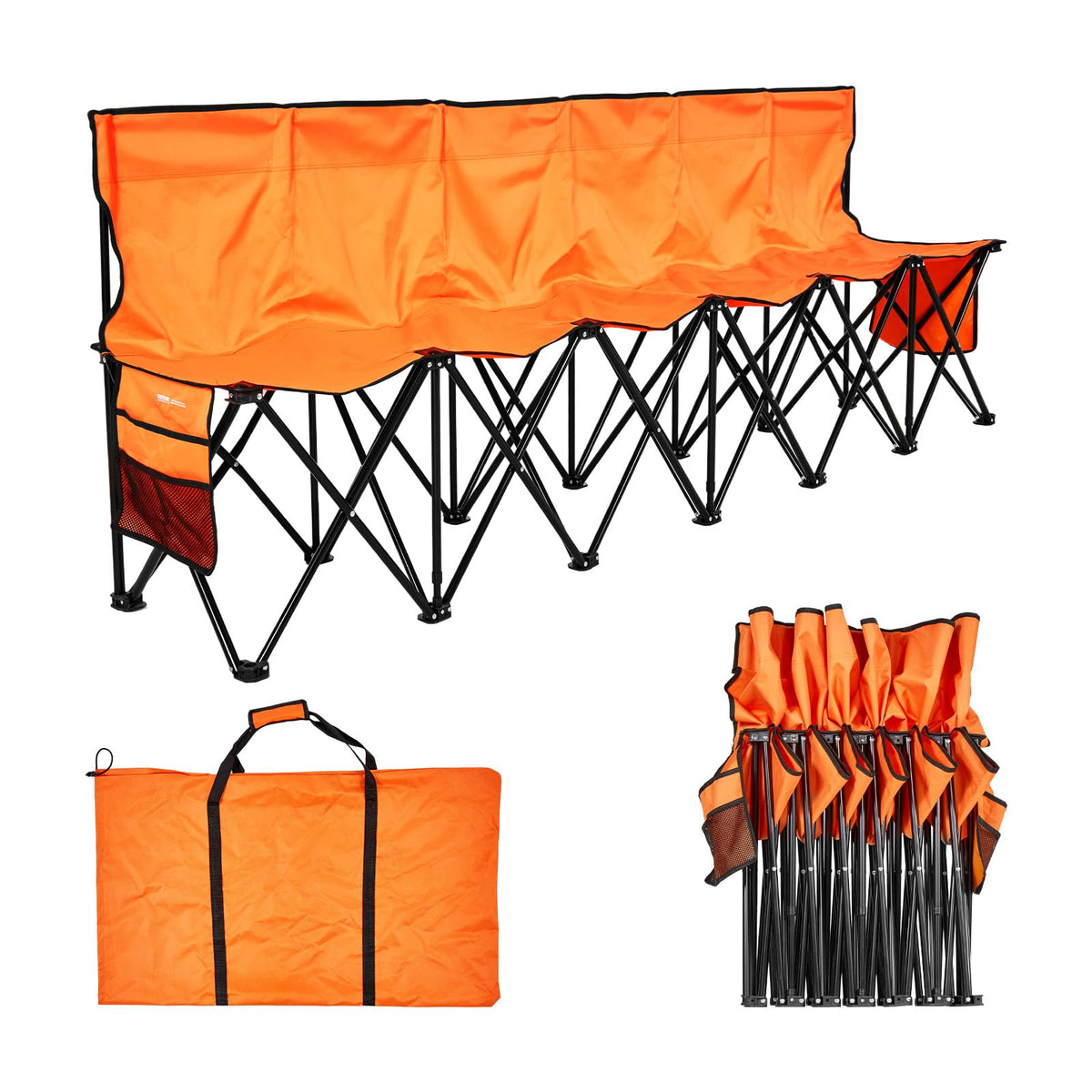 VEVOR Portable Folding Bench, 8 Seats Foldable Sideline Bench, Outdoor Camping Chair with Carry Bag & Backrest, Team Sport Sideline Bench for Football Fishing, No Assembly Instant Seating, Black