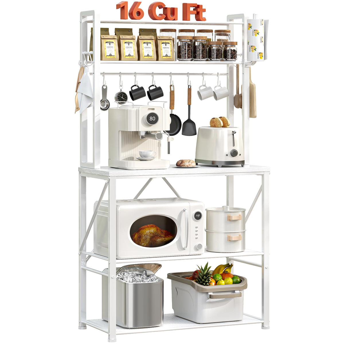 YASONIC Coffee Bar, Bakers Rack with Storage, 25.6 Inches Microwave Stand, 5 Tier Kitchen Shelves Appliance Storage, 12 S Hooks Large Coffee Station for Spices, Pots and Pans, Rustic Brown