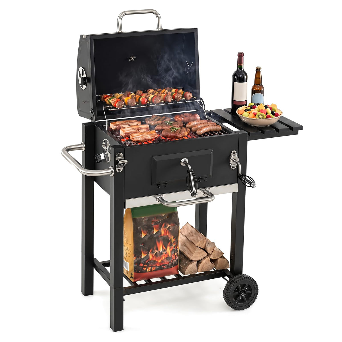 Giantex Charcoal Grill 24 inch, BBQ Grill with 2 Foldable Side Table, Adjustable Charcoal Tray, Pull-out Ash Tray, Heavy Duty Barbecue Grill with Wheels for Outdoor Cooking Camping Backyard Party