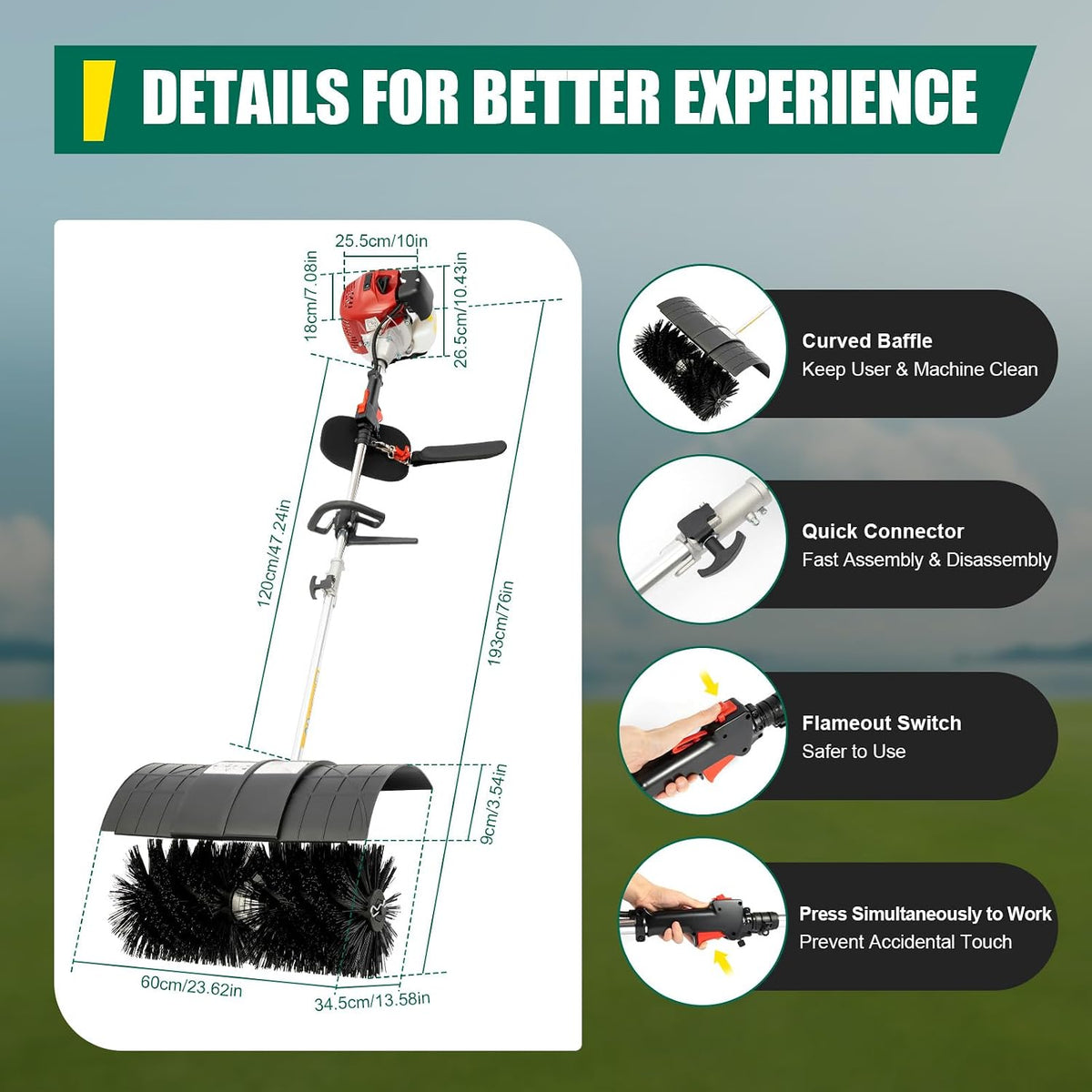 52CC 2-Stroke Gas Power Handheld Sweeper,2.3HP Air Cooled Fuel Engine Gas Power Sweeping Broom Machine,Used for Cleaning Artificial Grasslands, Streets and Farms(1.7KW)