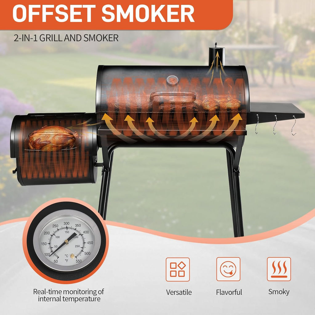 VINGLI Barrel Charcoal Grill with Offset Smoker, Built-in Lifting Carbon Mesh, Large Charcoal Barbecue Smoker Grill Combo for Outdoor Backyard Patio Camping Parties 52 × 20 × 44 inch