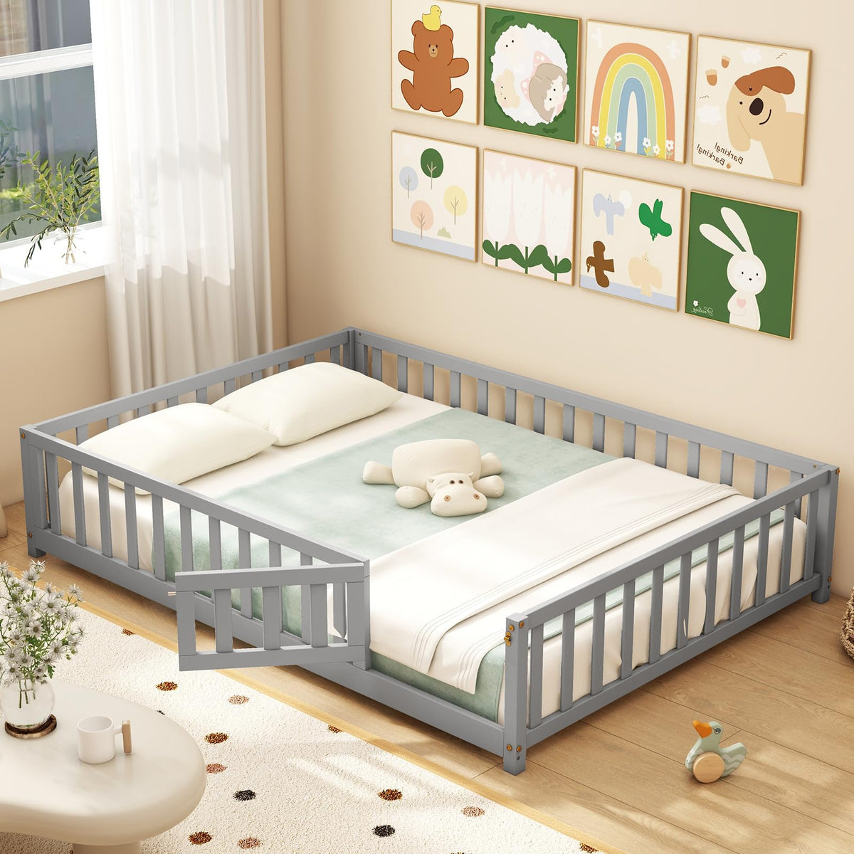 GIANTEX Full Size Floor Bed for Kids, Wooden Montessori Bed Frame with Bookcase, Storage Shelves & Safety Fence Rails, Floor Beds Full for Girls, Boys, No Box Spring Needed, Without Slats, Natural