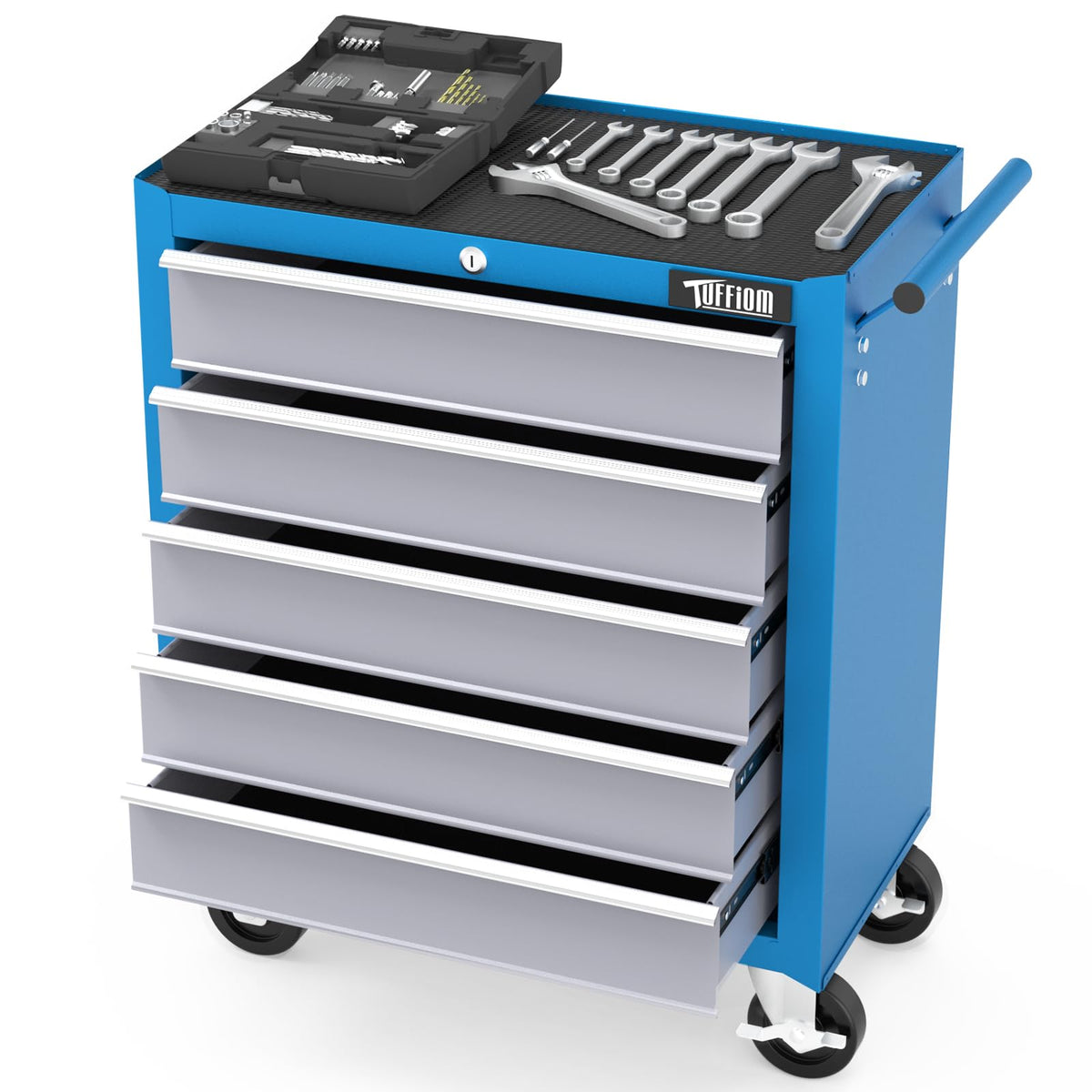 TUFFIOM 5-Drawer Rolling Tool Chest w/Drawers & Lock, Tool Storage Cabinet with Lockable Wheels, Top Cushion & Drawer Liners, Tool Organizer Box for Garage, Warehouse & Repair Sho