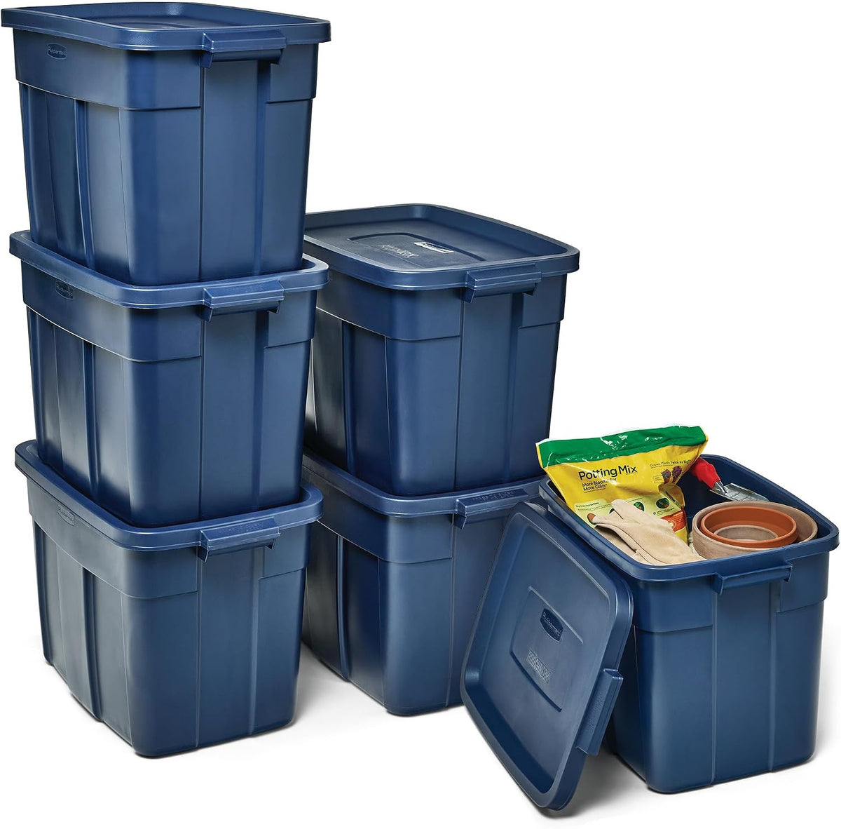 Rubbermaid Roughneck Tote 18 Gal, 6 Pack, Made in USA, Dark Indigo Metallic, Rugged Plastic Stackable Storage Bins with Lids and Handles