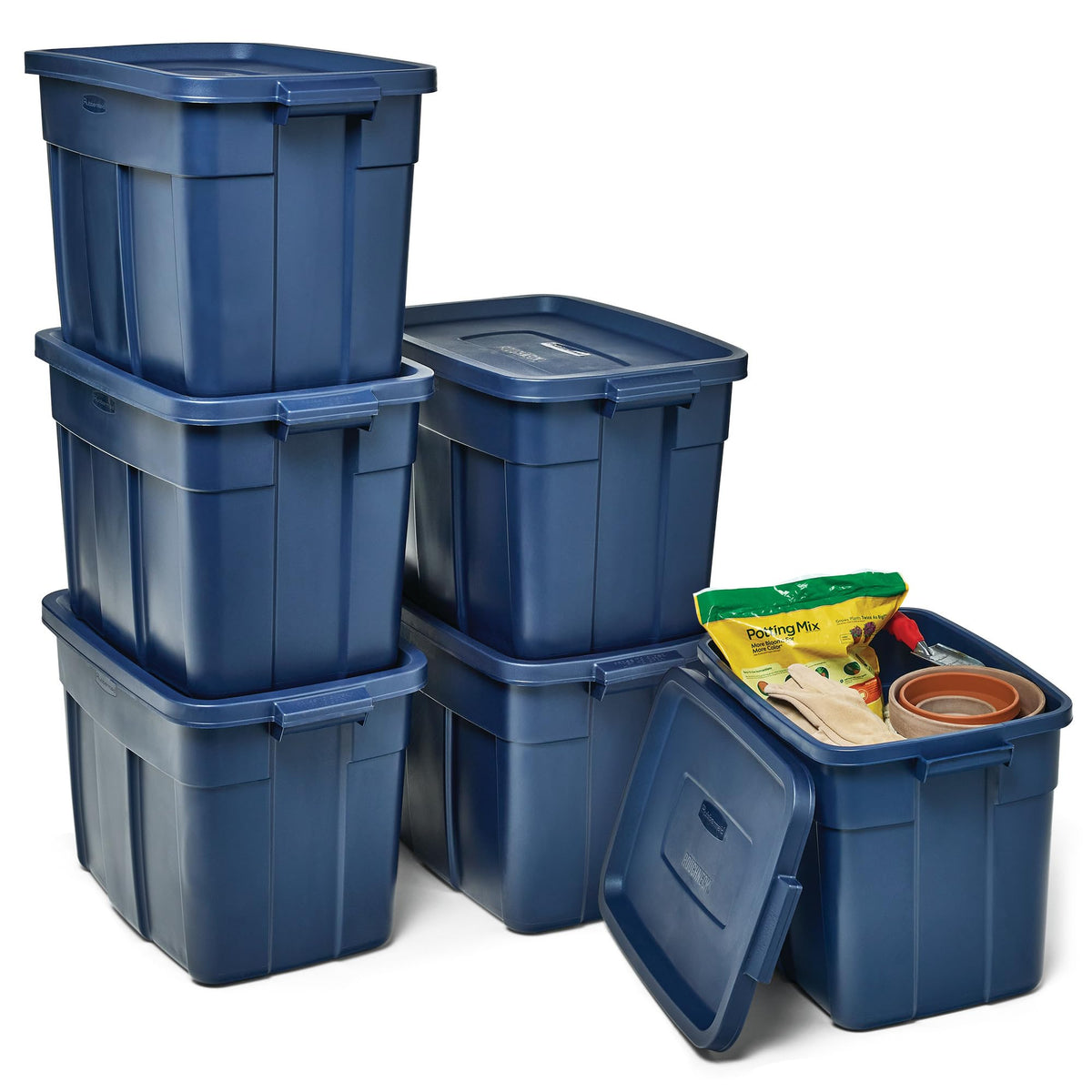 Rubbermaid Roughneck Tote 18 Gal, 6 Pack, Made in USA, Dark Indigo Metallic, Rugged Plastic Stackable Storage Bins with Lids and Handles