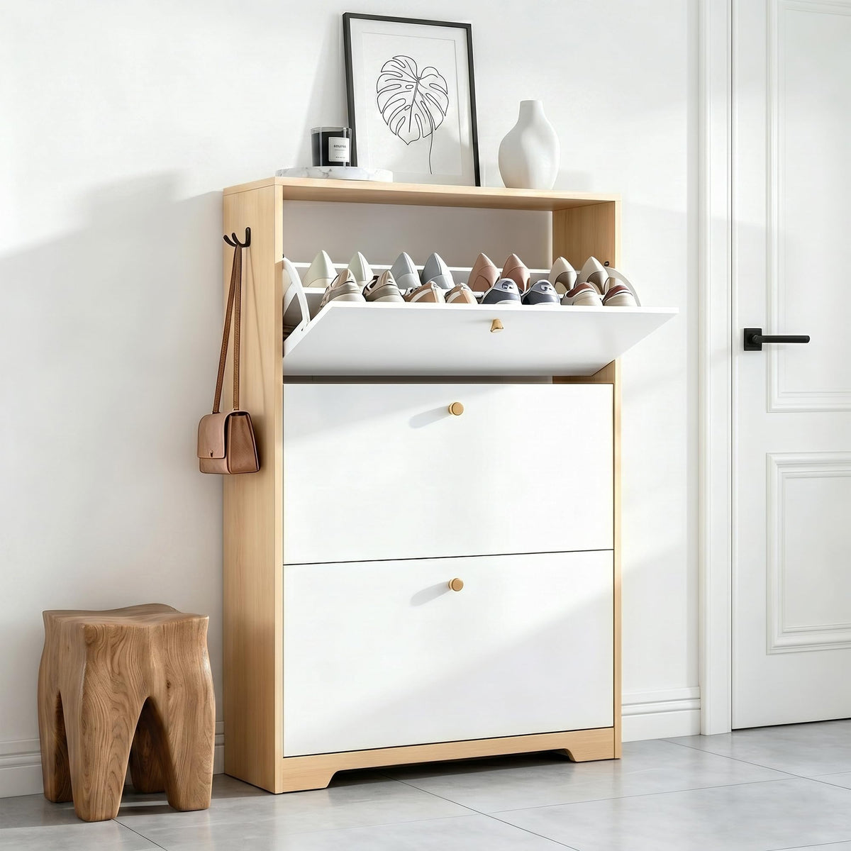 Nicetree Shoe Cabinet with 3 Flip Drawers, Narrow Shoe Organizer Cabinet, Freestanding Shoe Rack Cabinet, Modern Shoe Storage Cabinet for Entryway, Hallway, Foyer, White