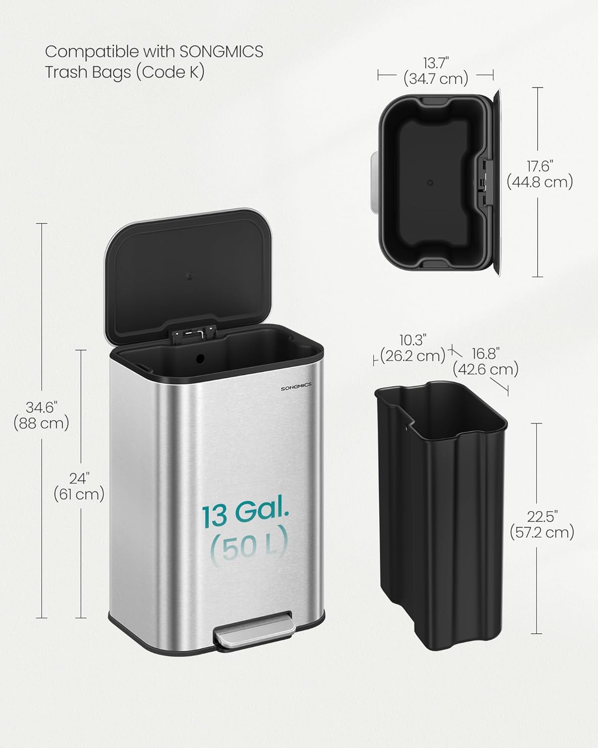 SONGMICS Kitchen Trash Can, 13-Gallon (50 L), Stainless Steel, Soft Close