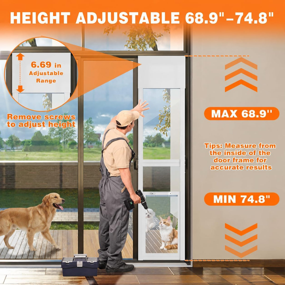 Dog Door for Sliding Glass Doors, 68.9" to 74.8" Height Adjustable Pet Door, Two Piece Design Sliding Glass Dog Door with Security Lock for Apartments, Rentals, Patios