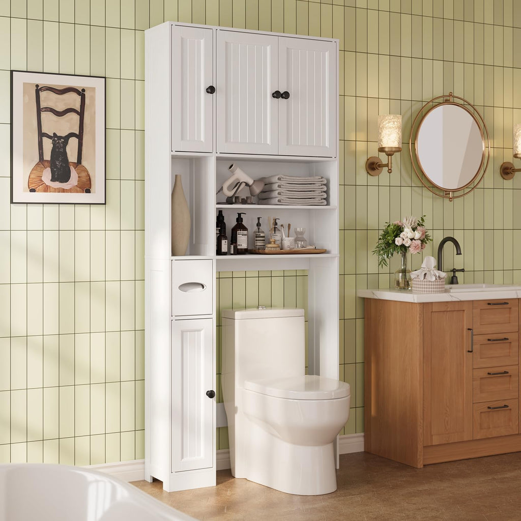 Ahomly Over The Toilet Storage Cabinet, with Five Doors, White