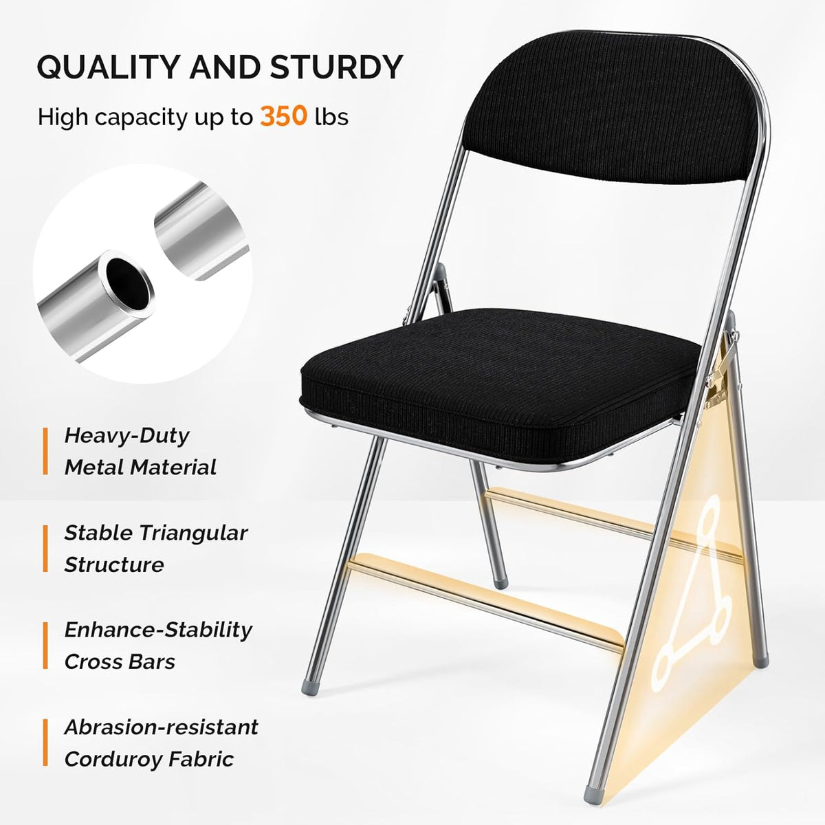 VINGLI 4 Pack Folding Chairs with Padded Seat & Backrest, Metal Frame, Durable Corduroy Fabric, 350 lbs Capacity, Set of 4, Black – Ideal for Weddings, Parties, Office Events