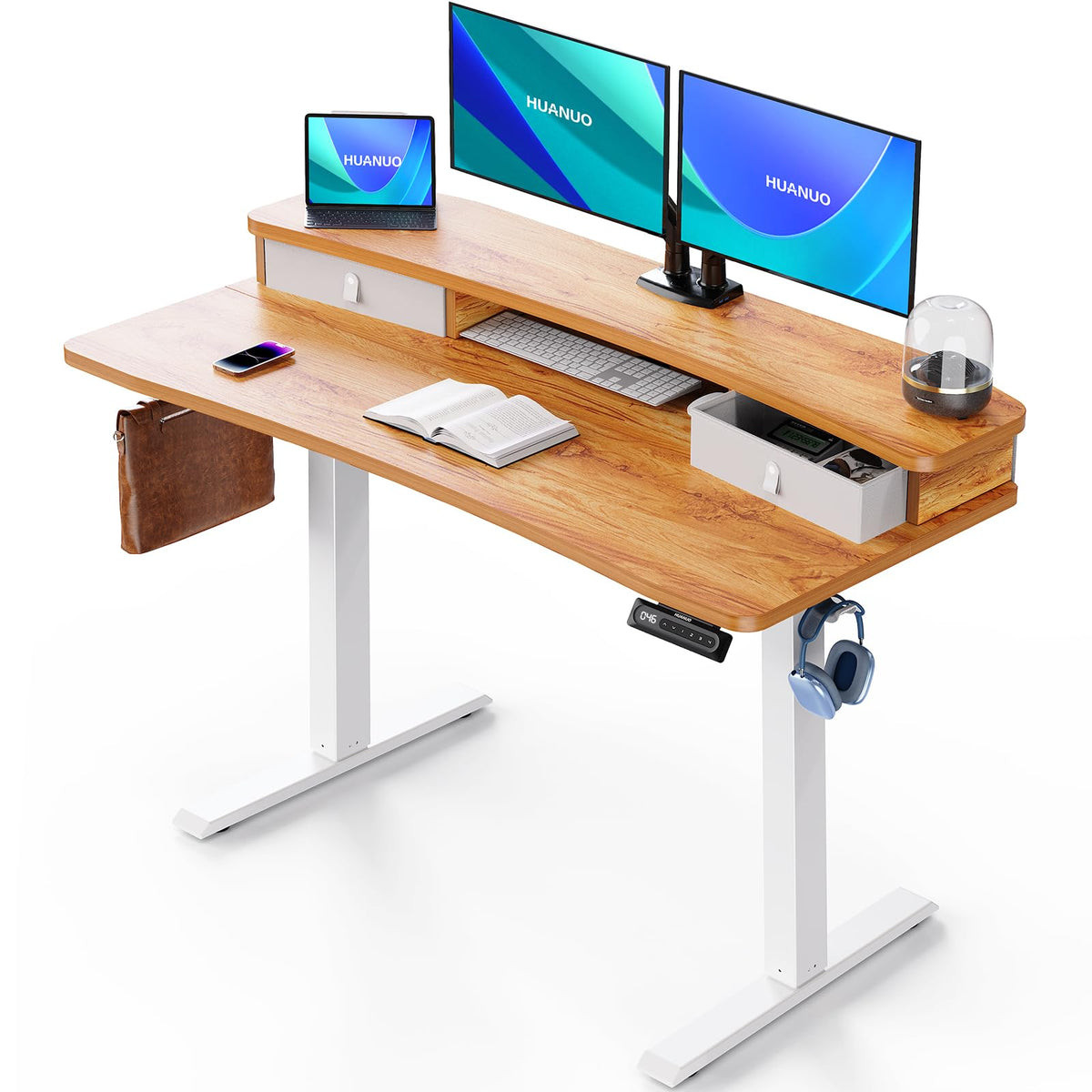 HUANUO 48″ x 28″ Electric Standing Desk with 2 Drawers, C-Clamp Mount Compatible, Height Adjustable Computer Desk, Home Office Stand Up Desk with 4 Preset Heights & 2 Hooks, Black