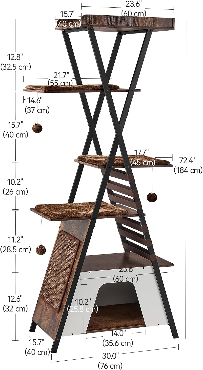 FourFurPets 72.4" Modern Cat Tree for Indoor Cats, Multi-Level Cat Condo