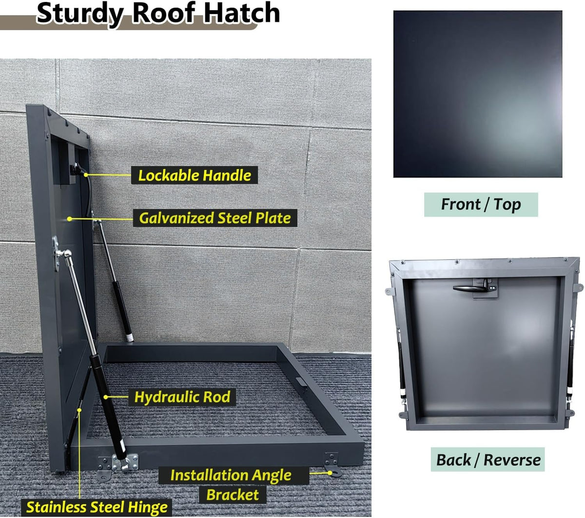 Roof Hatch Metal Roof Vent Escape Hatch Door, Door Skylight with Rotation Lock Handle, Rooftop Access Hatch Length 19.7-39.4 in, Exterior Doors for Home(60x50cm-23.6x19.7)