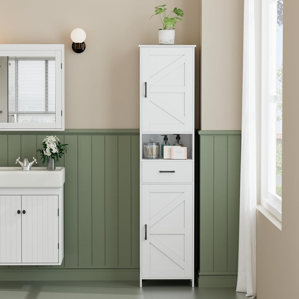 Homhedy 67" H Tall Bathroom Storage Cabinet with Barn Doors and Drawer