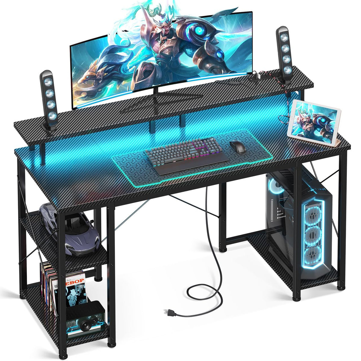 ODK 48 Inch Gaming Desk with LED Lights & Storage Shelves, Black