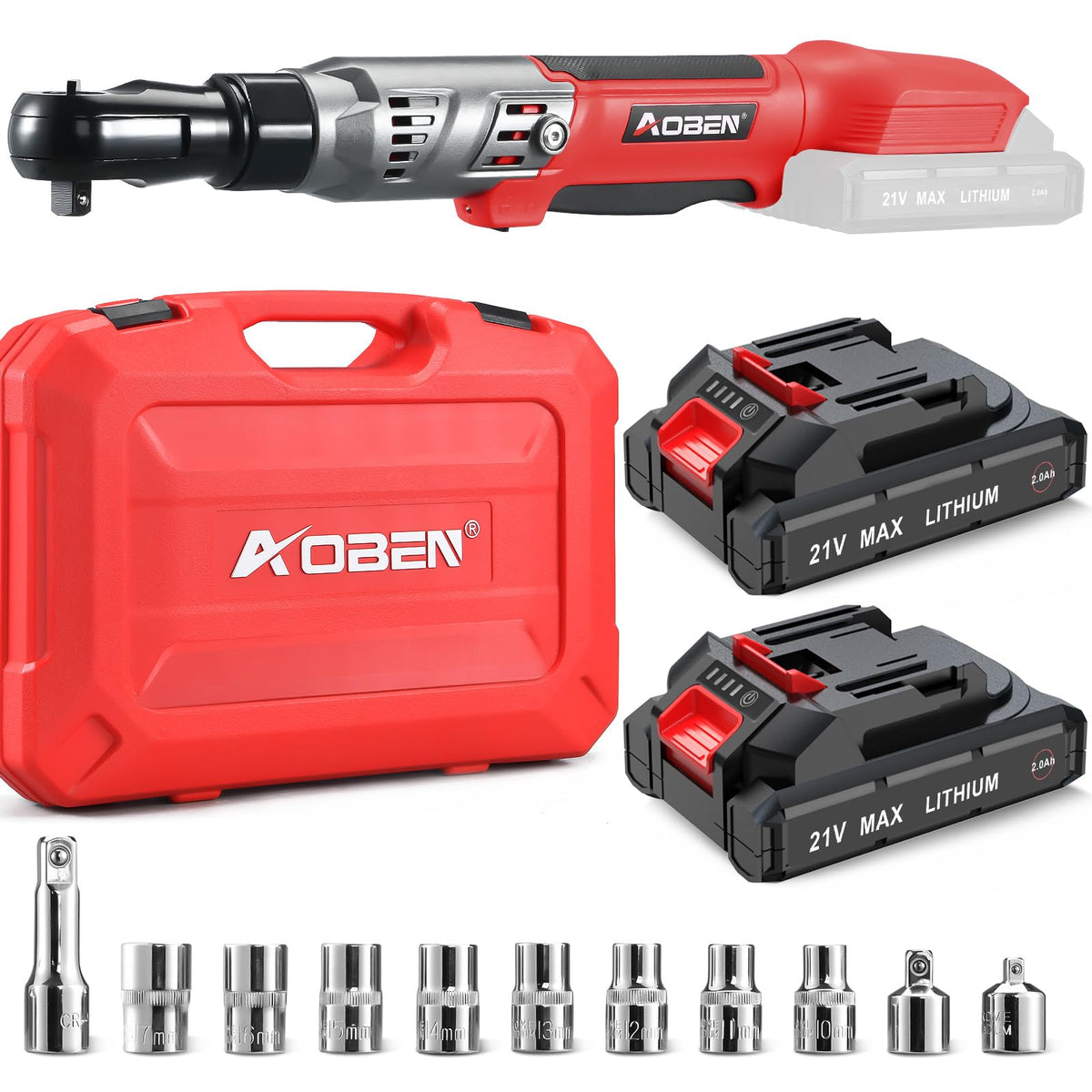 AOBEN Cordless Ratchet Wrench Kit,3/8" ratchet,40 Ft-lbs Electric Power Ratchet Set with Variable Speed Trigger,2 Packs 2000mAh Lithium-Ion Battery And Charger,83 Sockets