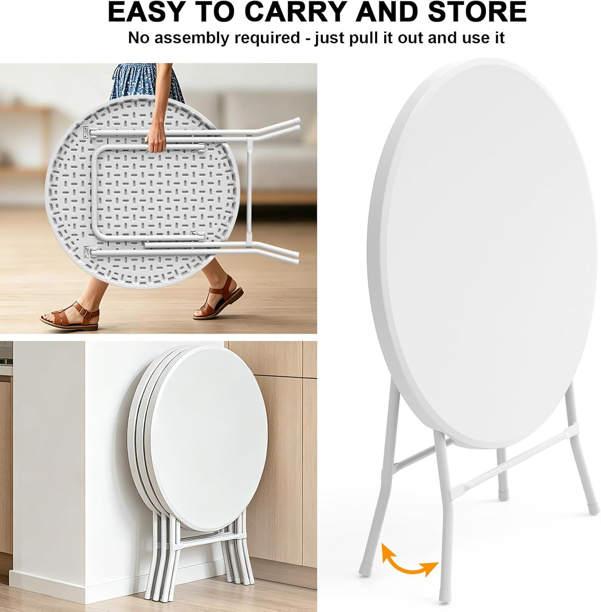 32" Round Folding Table, HDPE Top & Metal Frame, 2 Pack, White