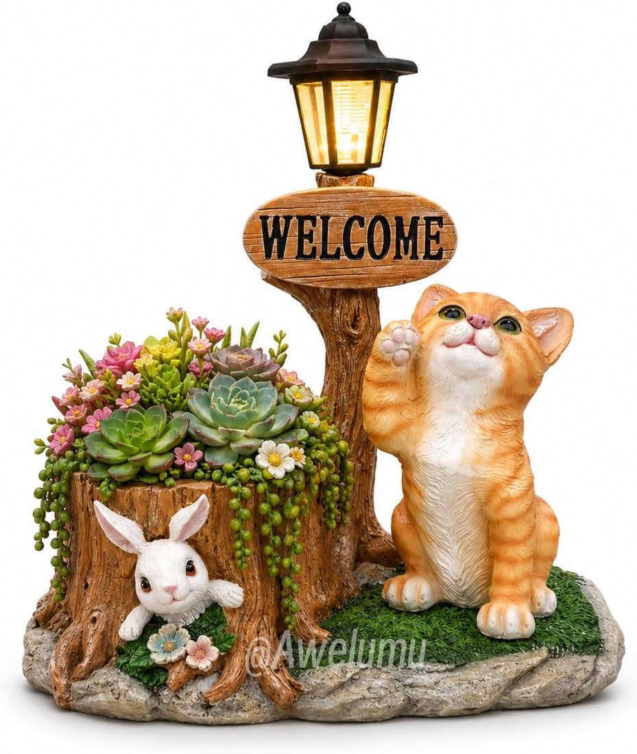 Solar Ginger Cat Statue with Welcome Sign & Lantern, Kitten Garden Figurine Planter Pot, Realistic Outdoor LED Light for Porch, Yard Art & Lawn Decor, Unique Gift for Cat Lovers