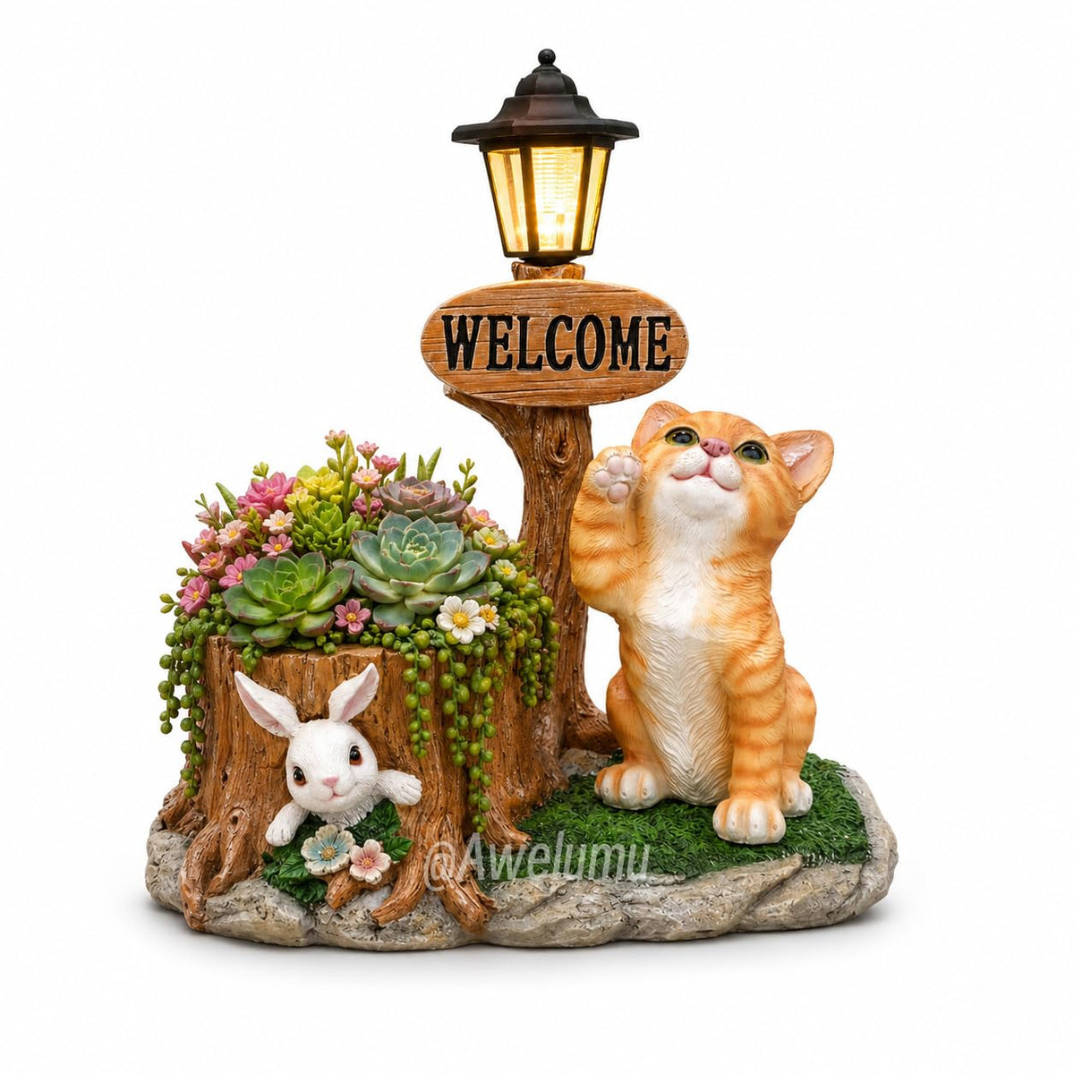 Solar Rottweiler Dog Statue with Welcome Sign & Lantern, 2 Dogs Garden Figurine Planter Pot, Realistic Outdoor LED Light for Porch, Yard Art & Lawn Decor, Unique Gift for Dog Lovers