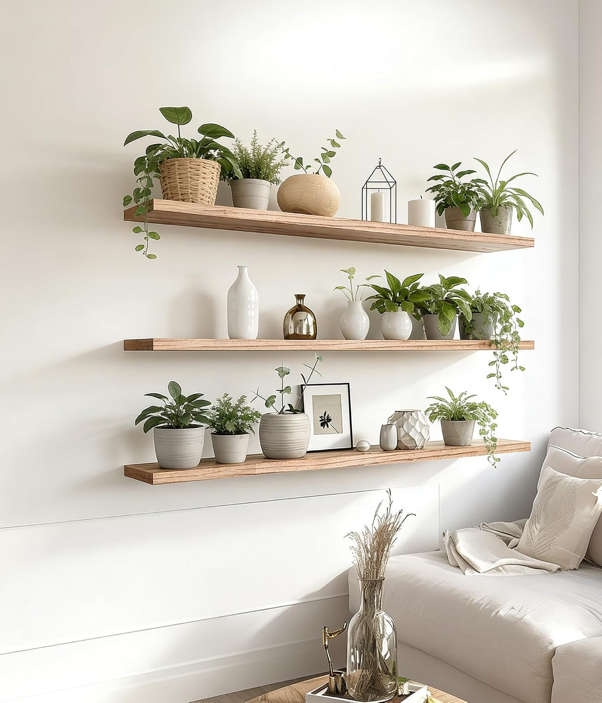 48 Inch Rustic Wood Floating Shelves Farmhouse Wooden Wall Shelves for Bathroom Bedroom Living Room Kitchen Office Set of 4 Light Brown