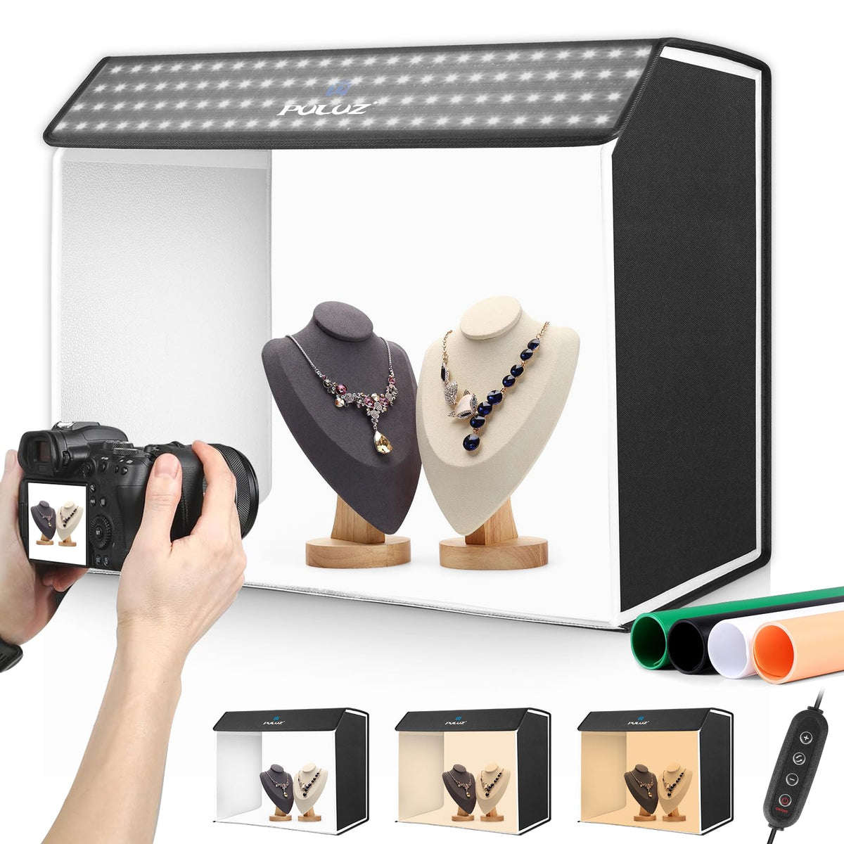PULUZ Upgrade Light Box & Soft Box, 16"x16" Professional Shooting Tent with 480 LED Lights Photo Studio Light Box Photography with 4 Color PVC Backdrops for Jewelry and Product Photography
