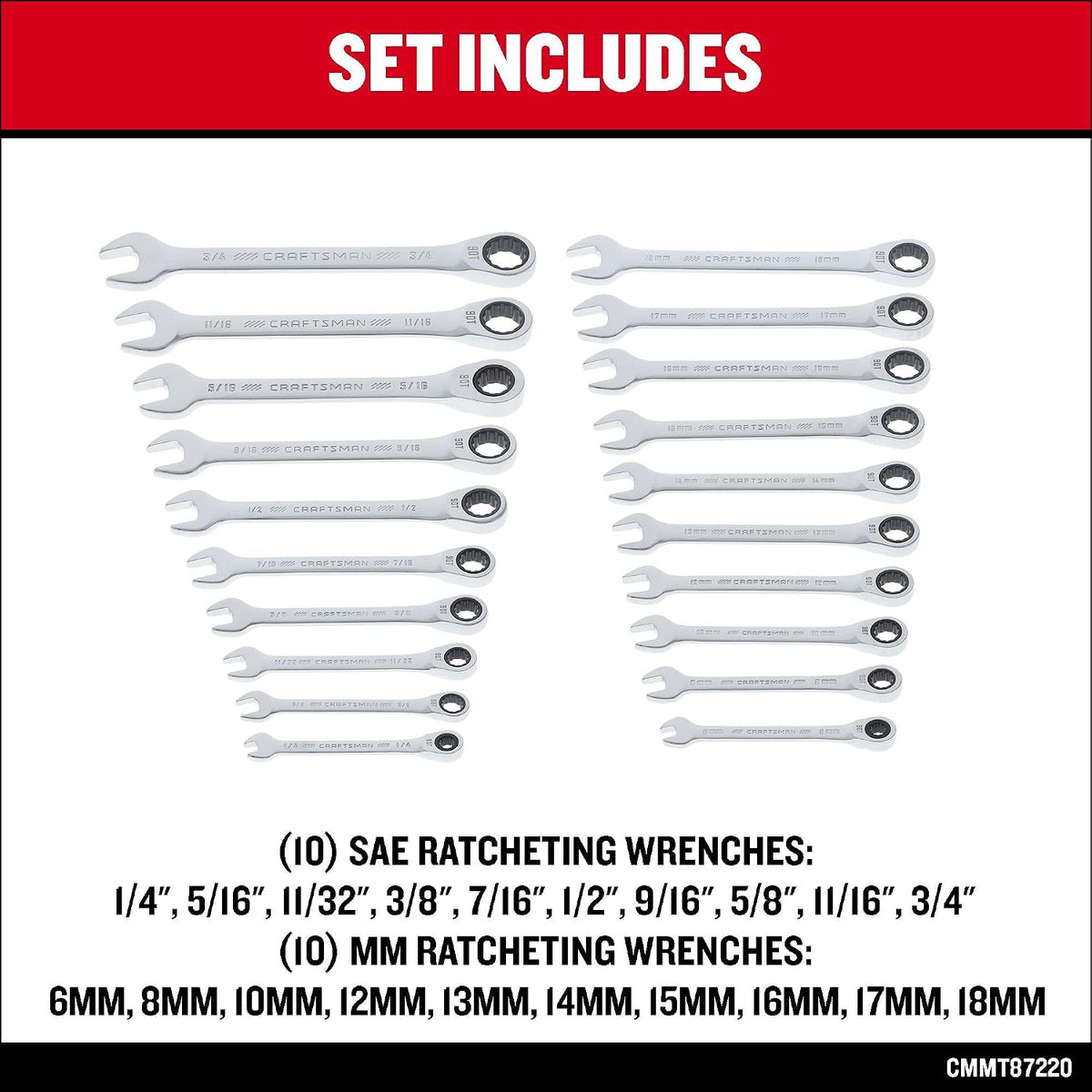 CRAFTSMAN Ratchet Wrenches Set, 20 Pc, 90 Tooth SAE/Metric Ratcheting Wrench Set with Case, 4 Degree Arc Swing (CMMT87220)