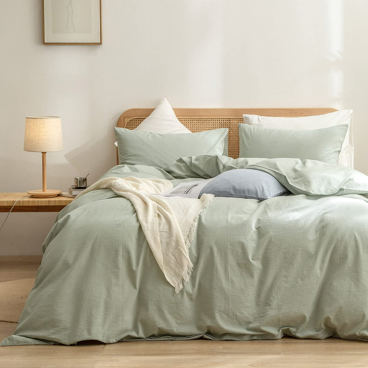 BESTOUCH Cotton Solid Duvet Cover Set Linen Feel Cornflower Blue Queen