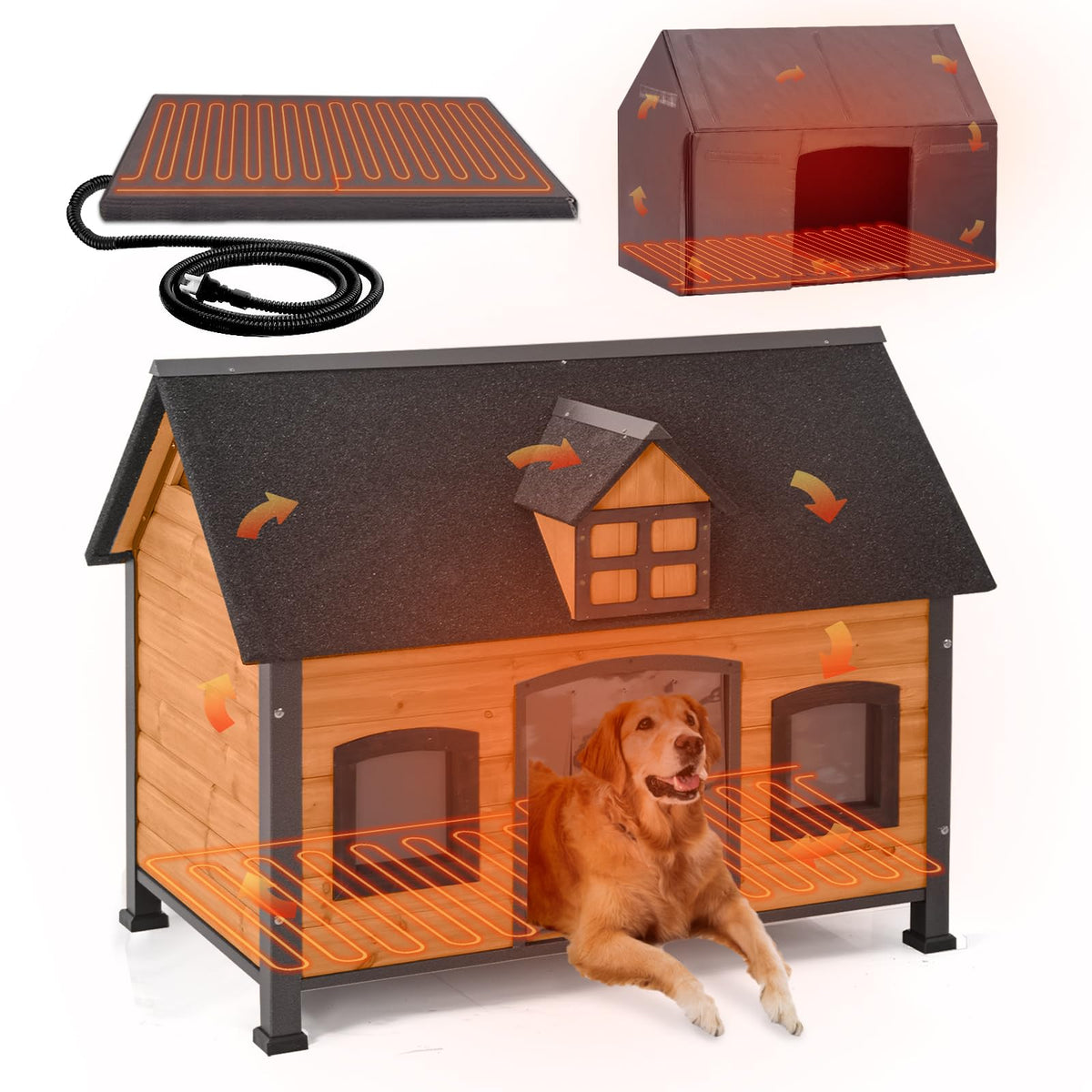 GUTINNEEN Heated Dog House Outdoor Insulated Dog House Weatherproof Dog Kennel with Thermostat-Controlled Heating Pad, 6-Sided Thermal Liner, Chew-Proof Metal Frame for Dogs